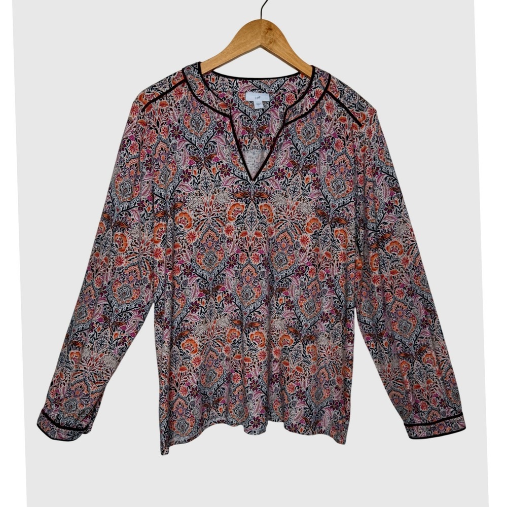 J. Jill Top Womens Large Pink Floral Paisley Velvet Trim Split V Neck Boho Tunic